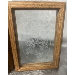 VTG Wooden Hinged Jewelry Trinket Box Flowers Butterfly‎ Glass Top Mirror Bottom